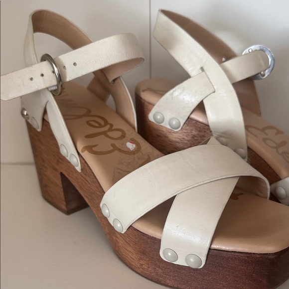 Sam Edelman Size 8.5 Josefine Heeled Platform Ivory Leather Blocked Heel Sandals - Picture 3 of 16